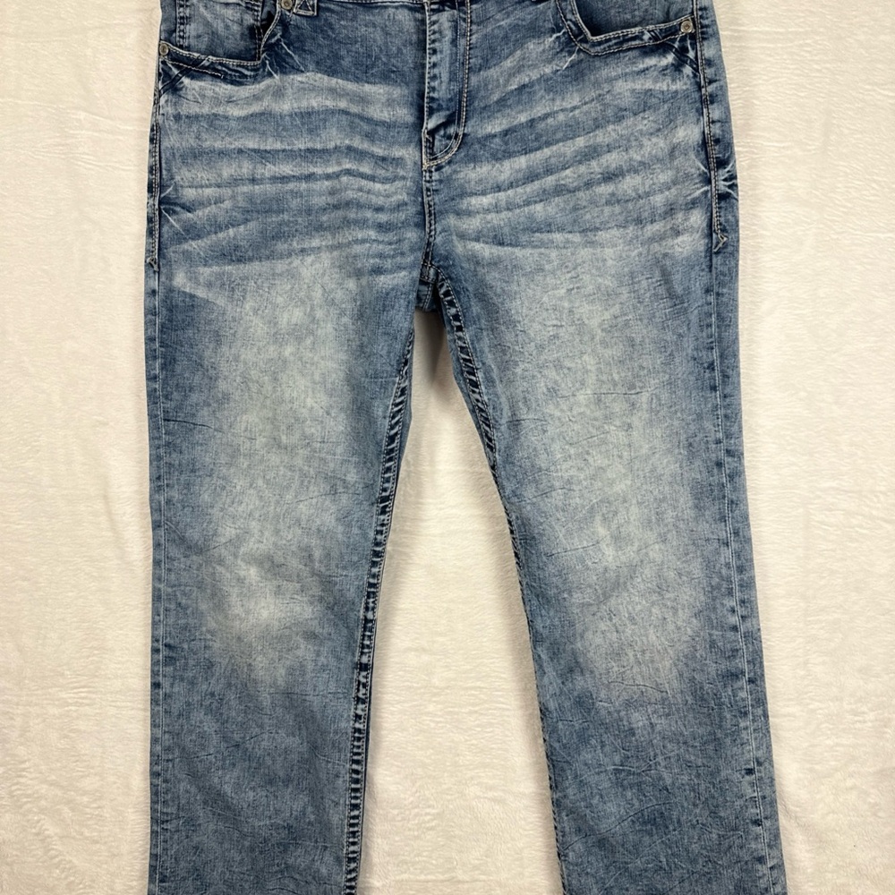 Buckle Black Jeans 49x32 Straight Acid Wash Moto Style Contrast Stitching